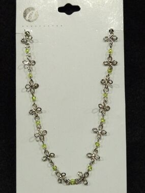 Vintage Afterthoughts Silver Filigree Flower Link Necklace Lime Green Bead